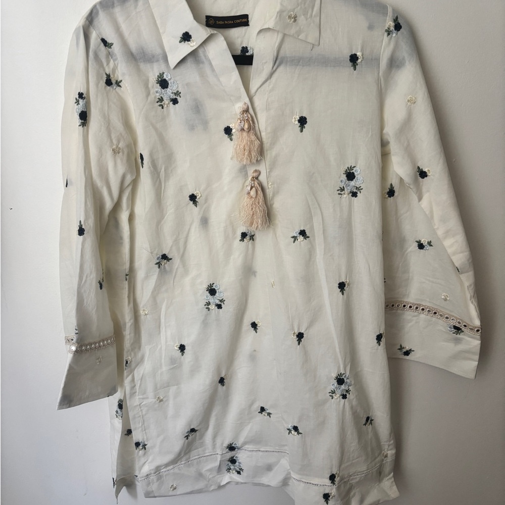 White Floral Tunic with Tassels